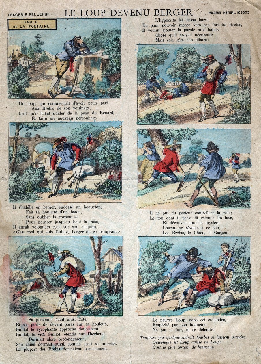 رسم توضيحي لخرافة جان دي لافونتين (1621-1695): أصبح الذئب راعياً. تصوير إبينال في أواخر القرن التاسع عشر. بواسطة المدرسة الفرنسية