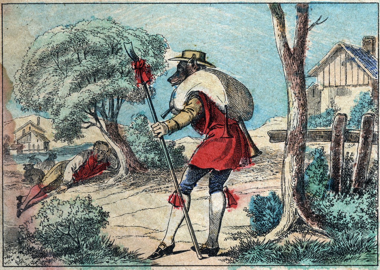 رسم توضيحي لخرافة جان دي لافونتين (1621-1695): أصبح الذئب راعياً. تصوير إبينال في أواخر القرن التاسع عشر. بواسطة المدرسة الفرنسية