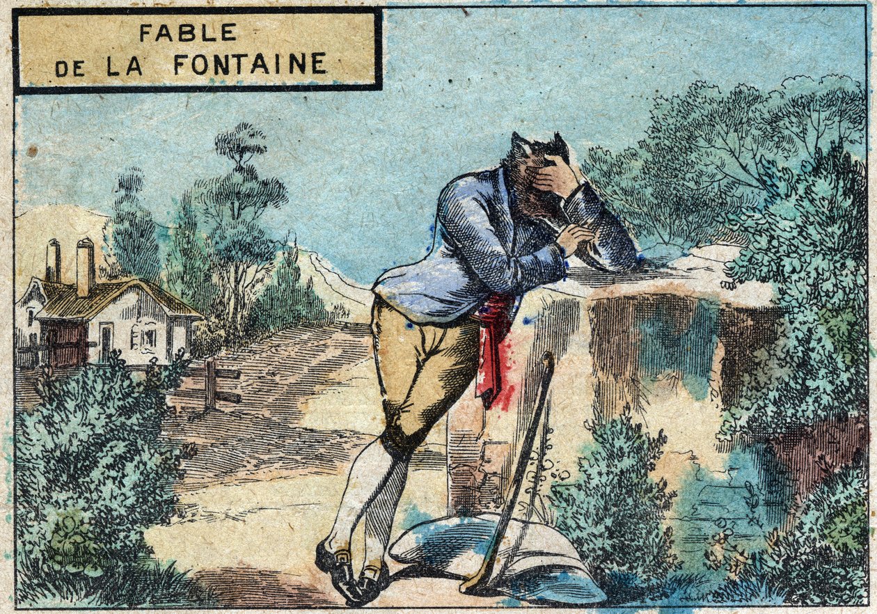 رسم توضيحي لخرافة جان دي لافونتين (1621-1695): أصبح الذئب راعياً. تصوير إبينال في أواخر القرن التاسع عشر. بواسطة المدرسة الفرنسية