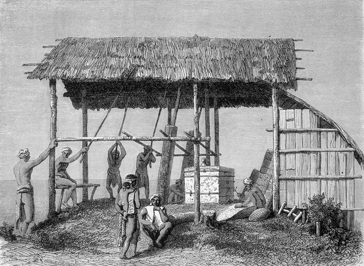 نُشر رسم توضيحي في طبعة عام 1862 من "Le Tour du monde" يصور حدادًا في أيام النهار بجزيرة بورنيو. نقش. بواسطة المدرسة الفرنسية