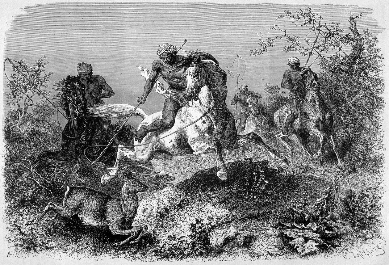 رسم توضيحي نُشر في طبعة "Le Tour du monde" من عام 1870 إلى 1871 يصور صيدًا للدياك في جزيرة بورنيو. نقش. بواسطة المدرسة الفرنسية