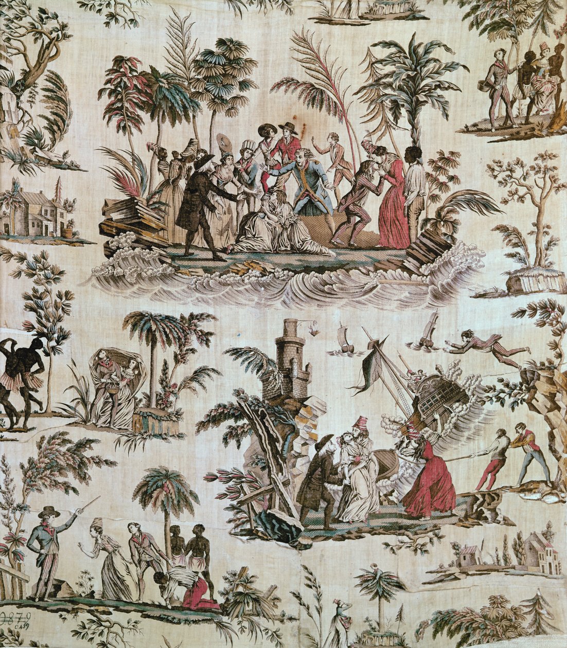 الرسوم التوضيحية للحوادث من رواية Paul et Virginie ، Toile de Nantes ، c.1800 (قطن مطبوع) بواسطة المدرسة الفرنسية