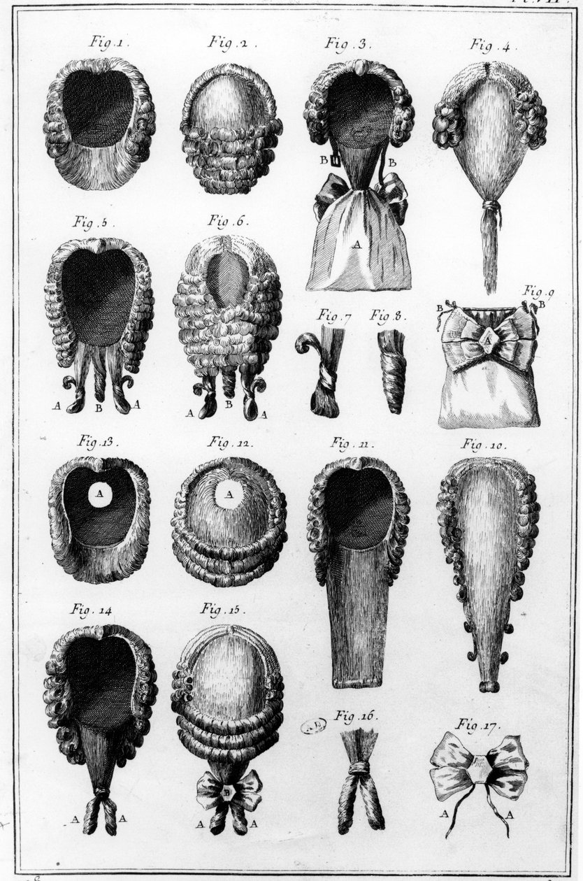 الرسوم التوضيحية لأزياء شعر مستعار مختلفة ، اللوحة السابعة ، المجلد 8 ، من Encyclopedie des Sciences et Metiers بواسطة Diderot ، تم نشره عام 1770 بواسطة المدرسة الفرنسية