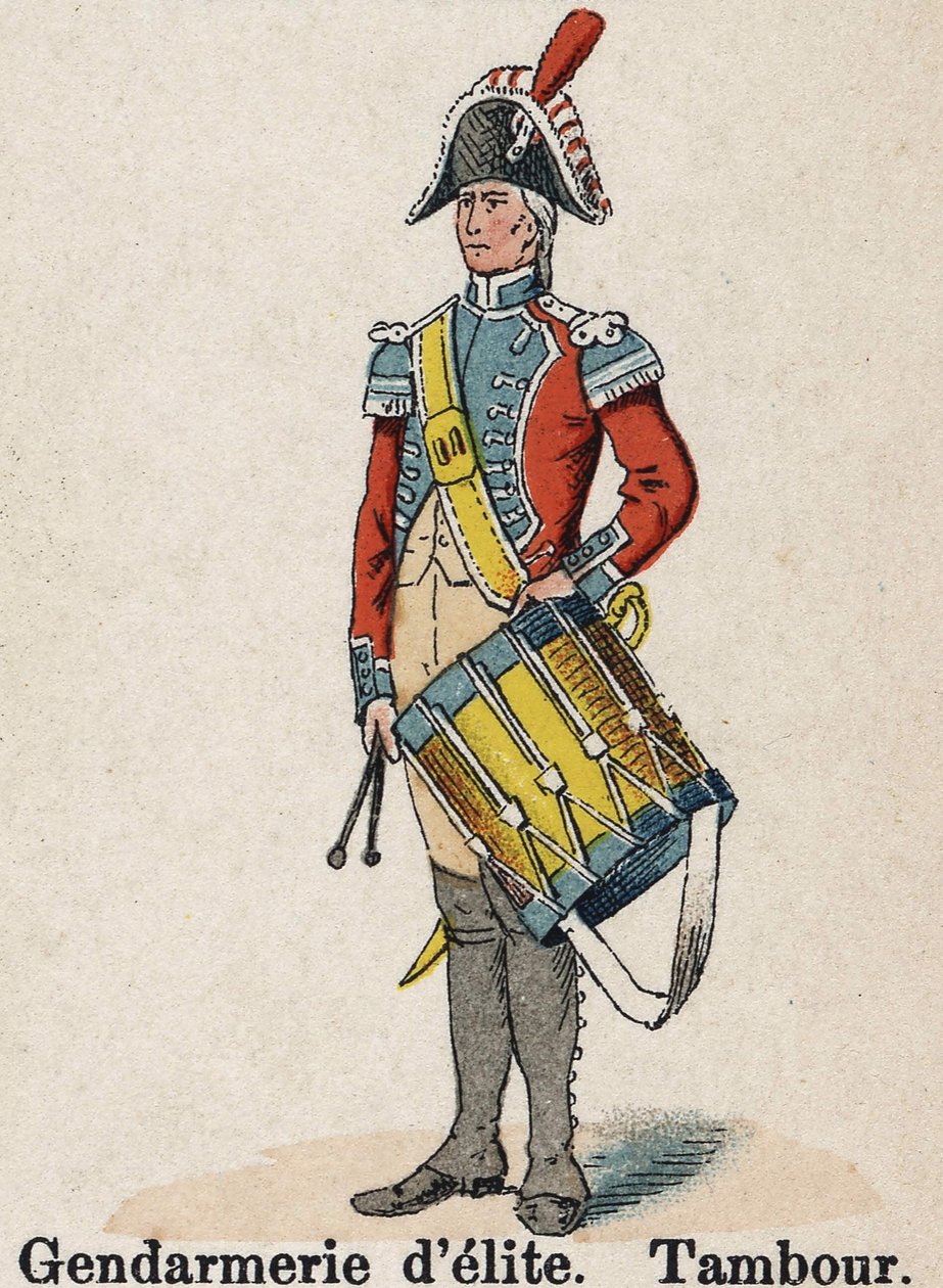 الحرس الإمبراطوري نابليون الأول: درك النخبة - الطبل. لوحة من كتاب Les Uniforms de l'Armee francaise بقلم لينهارت وهومبرت بواسطة المدرسة الفرنسية