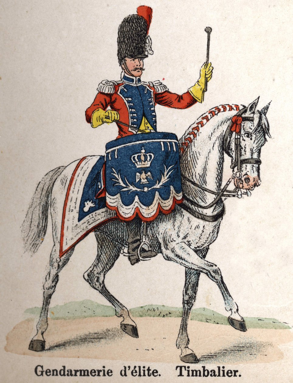 الحرس الإمبراطوري نابليون الأول: درك النخبة - تيمبالييه. لوحة من كتاب Les Uniforms de l'Armee francaise بقلم لينهارت وهومبرت بواسطة المدرسة الفرنسية
