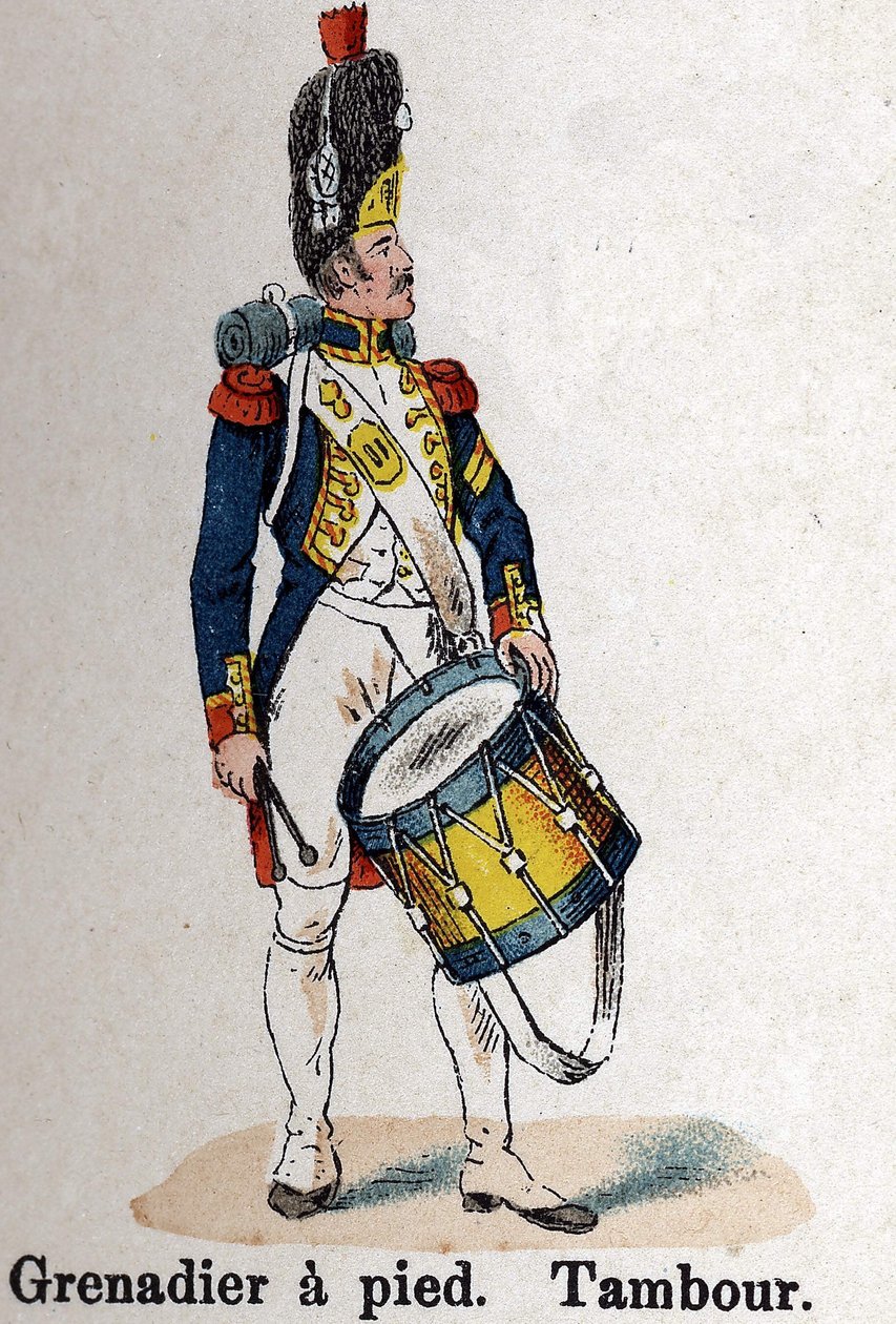 الحرس الإمبراطوري نابليون الأول: غرينادير سيرًا على الأقدام - طبل. لوحة من كتاب Les Uniforms de l'Armee francaise بقلم لينهارت وهومبرت بواسطة المدرسة الفرنسية