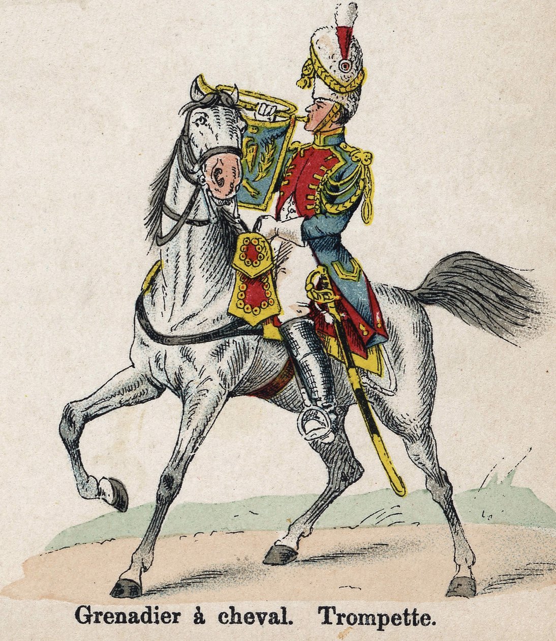 الحرس الإمبراطوري نابليون الأول: غرينادير على ظهور الخيل - البوق. لوحة من كتاب Les Uniforms de l'Armee francaise بقلم لينهارت وهومبرت بواسطة المدرسة الفرنسية