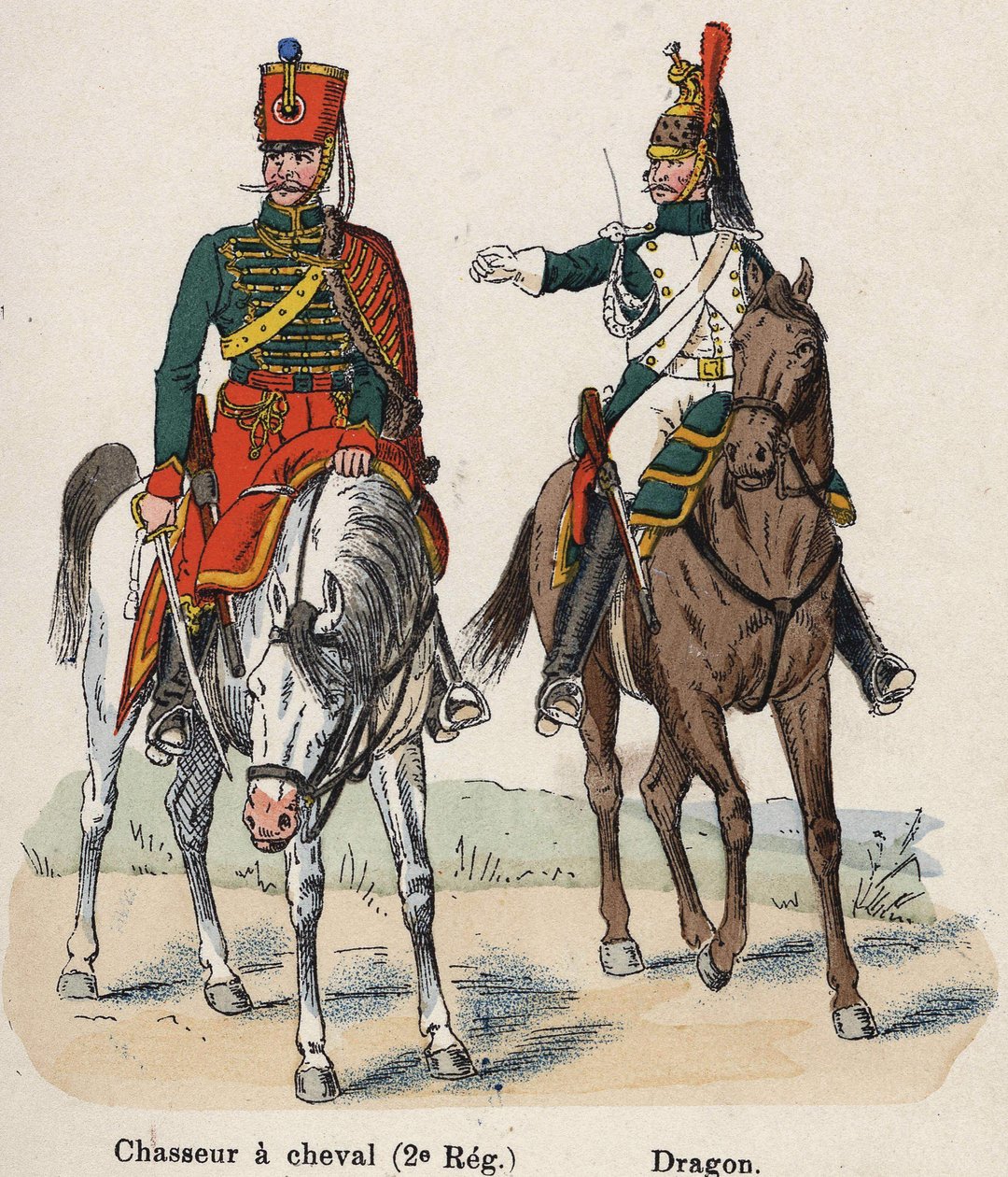 الحرس الإمبراطوري نابليون الأول: صياد ظهور الخيل (الفوج الثاني) والتنين. لوحة من كتاب Les Uniforms de l'Armee francaise بقلم لينهارت وهومبرت بواسطة المدرسة الفرنسية