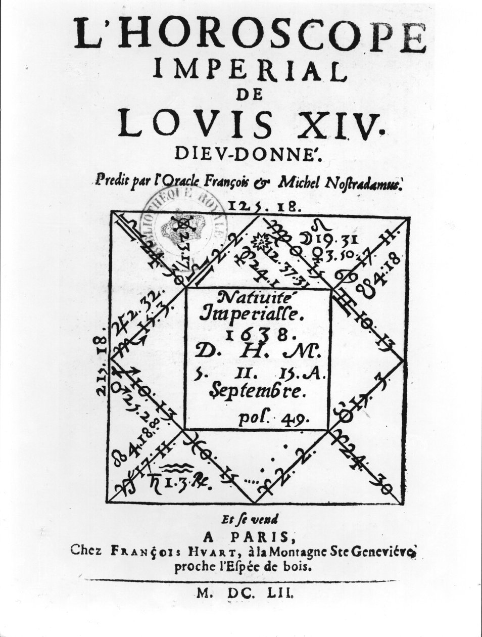 ابراج لويس الرابع عشر (1638-1715) بواسطة ميشيل نوستراداموس (1503-66) نشره فرانسوا هوارت في باريس 1652 بواسطة المدرسة الفرنسية