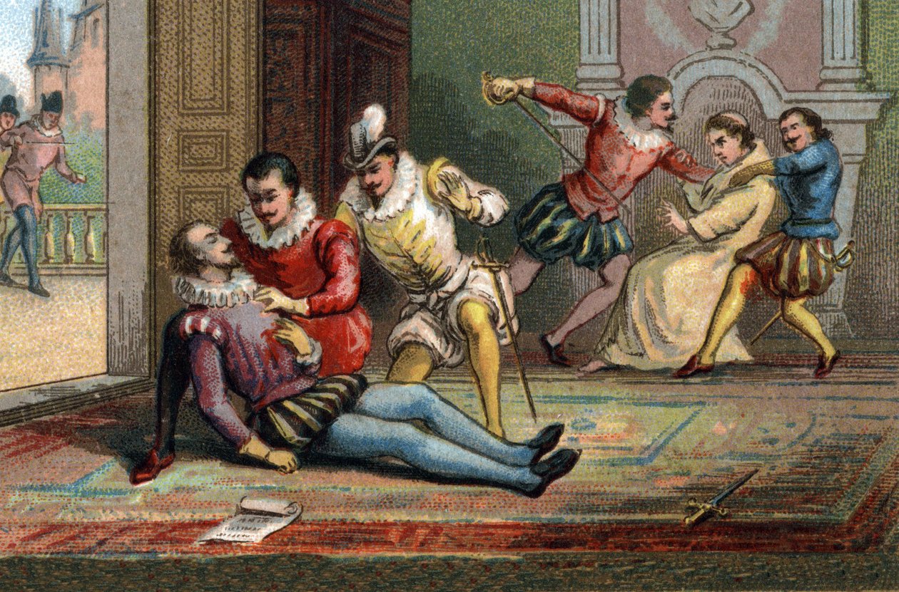 في عام 1589 ، قتل الراهب جاك كليمنت الملك هنري الثالث بطعنة بعد أن جعله يقرأ رسالة. مات الملك بين ذراعي هنري نافار. الطباعة الحجرية الملونة حوالي عام 1890. بواسطة المدرسة الفرنسية