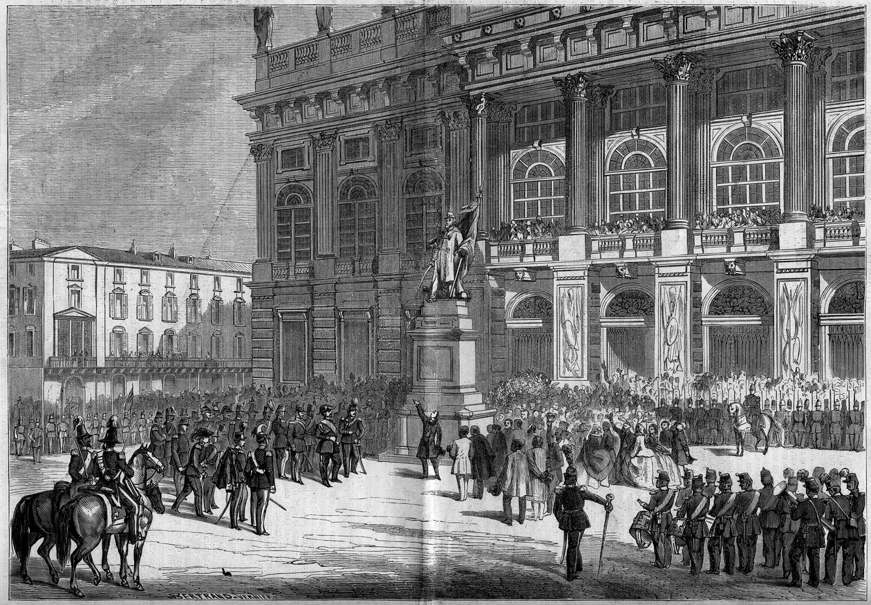 افتتاح النصب التذكاري لجزيرة سردينيا من قبل فينتشنزو فيلا (1820-1891) ، في ميدان شاتو في تورين (إيطاليا) في 10 أبريل 1859. خلف التمثال يوجد "قصر ماداما". استنادًا إلى رسومات السيد فيري. نقش في "" Le Monde Illustré "" رقم 106 ب بواسطة المدرسة الفرنسية
