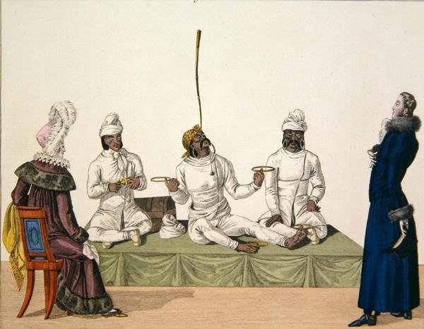المشعوذون الهنود يؤدون عملية موازنة ، اللوحة 87 من 'le Bon Genre' ، حوالي 1810 (نقش ملون) بواسطة المدرسة الفرنسية