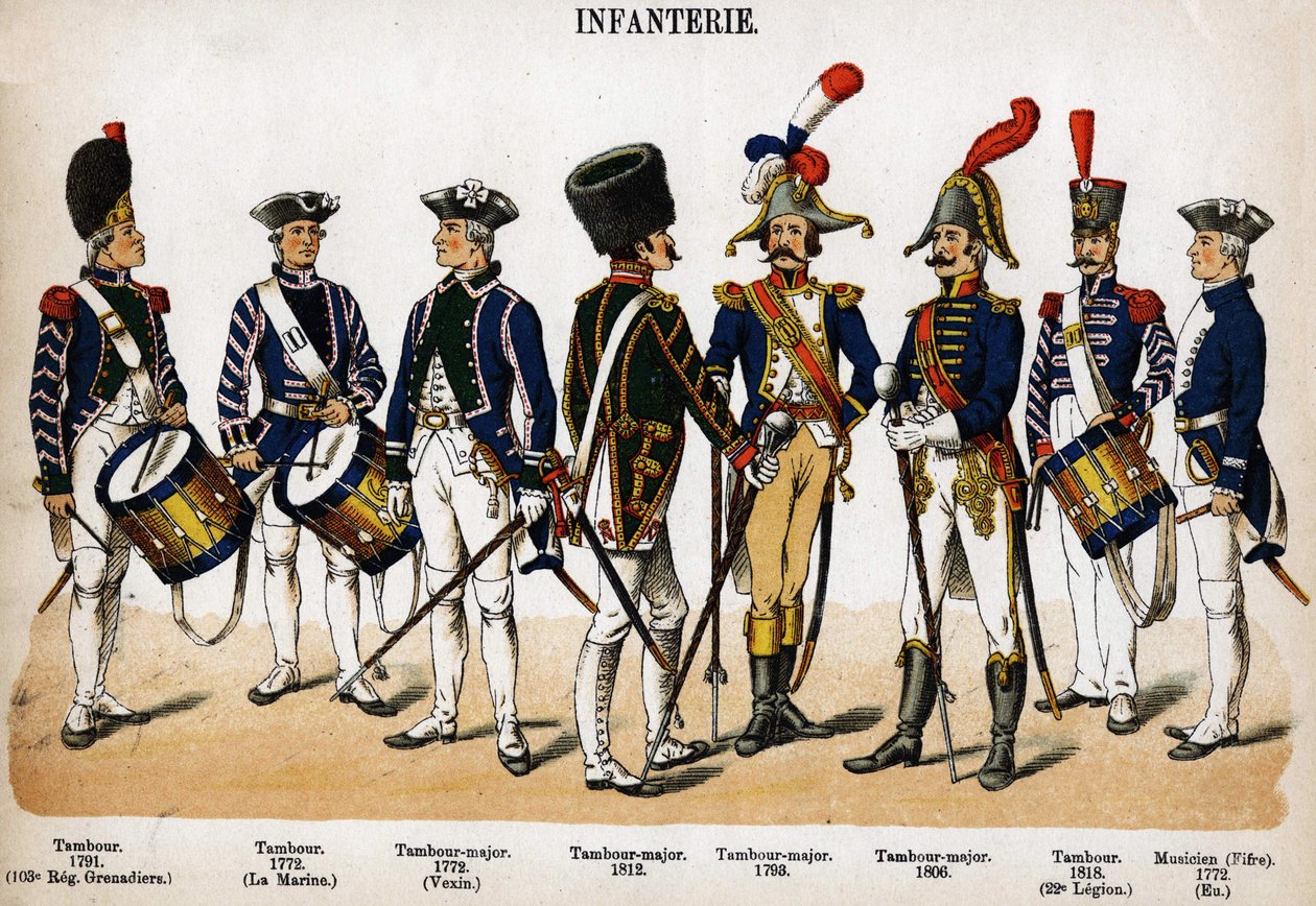 المشاة: طبل وطبل رئيسي وموسيقي من 1772 إلى 1818. لوحة من كتاب Les Uniforms de l'Armee francaise بواسطة Lienhart و Humbert بواسطة المدرسة الفرنسية