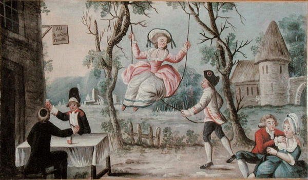 لوحة نزل مرسومة لحانة تصور لم شمل الطلبات الثلاثة ، حوالي عام 1789 (زيت على خشب) بواسطة المدرسة الفرنسية
