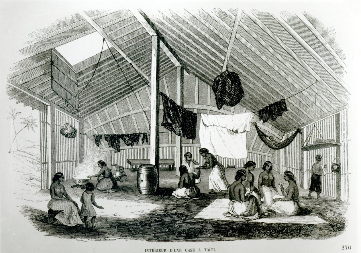 داخل كوخ تاهيتان ، من "Voyages dans Les Deux Oceans" ، بقلم يوجين ديليسيرت ، 1848 بواسطة المدرسة الفرنسية
