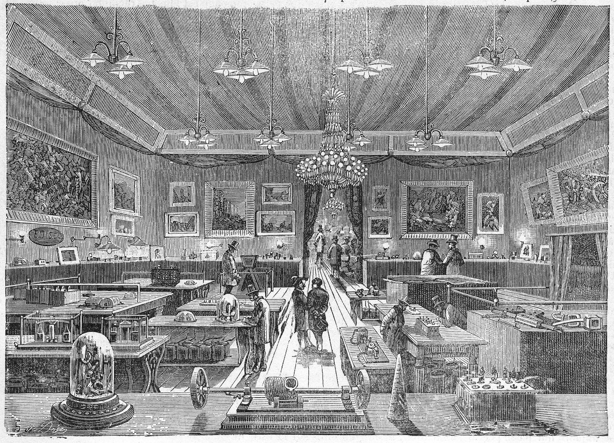 داخل Palais de l'Industrie ، باريس ، خلال معرض الكهرباء 1881 ، حانة. ج. 1885 (نقش) بواسطة المدرسة الفرنسية