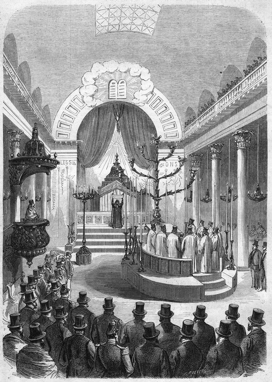 نصب كبير الحاخامات للتجنيد الإجباري لبوردو ، في كنيس المدينة عام 1864. نقش من رسم السيد دوفيت. بواسطة المدرسة الفرنسية