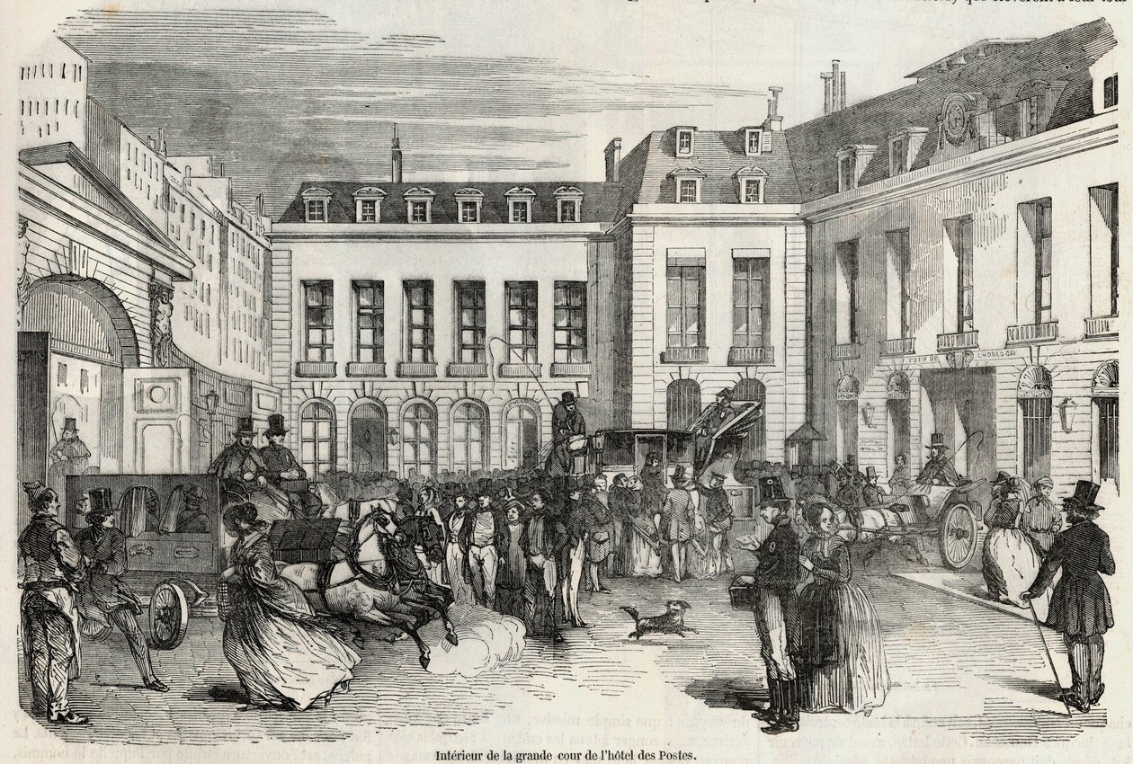 التصميم الداخلي للفناء الكبير لفندق Hotel des Postes في باريس - نقش في "Tableau-de-Paris" بواسطة Edmond Texier 1852 بواسطة المدرسة الفرنسية