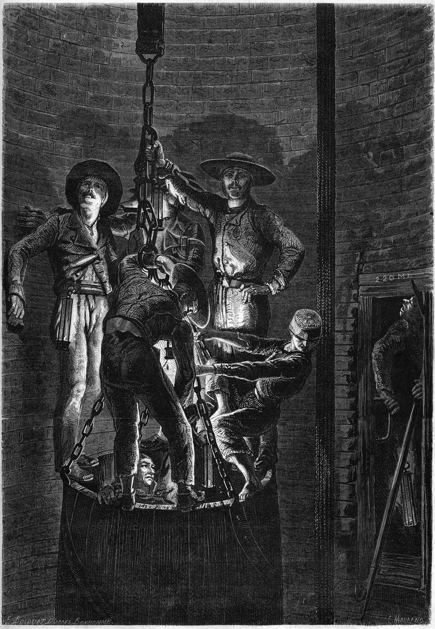 المظهر الداخلي لبئر منجم فحم: صعود القمامة. 1861. نقش في "" Le Monde Illustré "" رقم 238 بتاريخ 2 نوفمبر بواسطة المدرسة الفرنسية