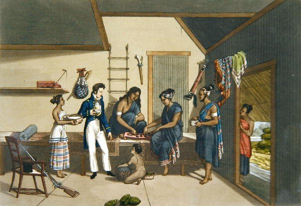التصميم الداخلي لمنزل في كوبانغ ، تيمور ، من "رحلة أوتور دو موند سور ليه كورفيت دو لوراني 1817-20" ، محفور بواسطة ليروج وفورجيه ، نُشر عام 1825 (نقش) بواسطة المدرسة الفرنسية