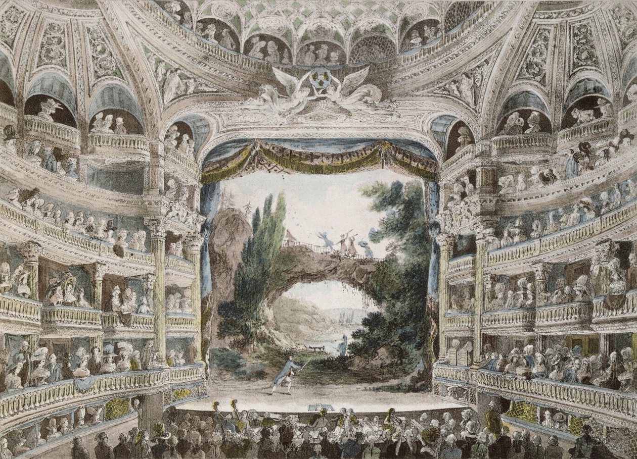 داخل مسرح الكوميديا الفرنسية عام 1791 ، بعد ألوان مائية أصلية بواسطة المدرسة الفرنسية