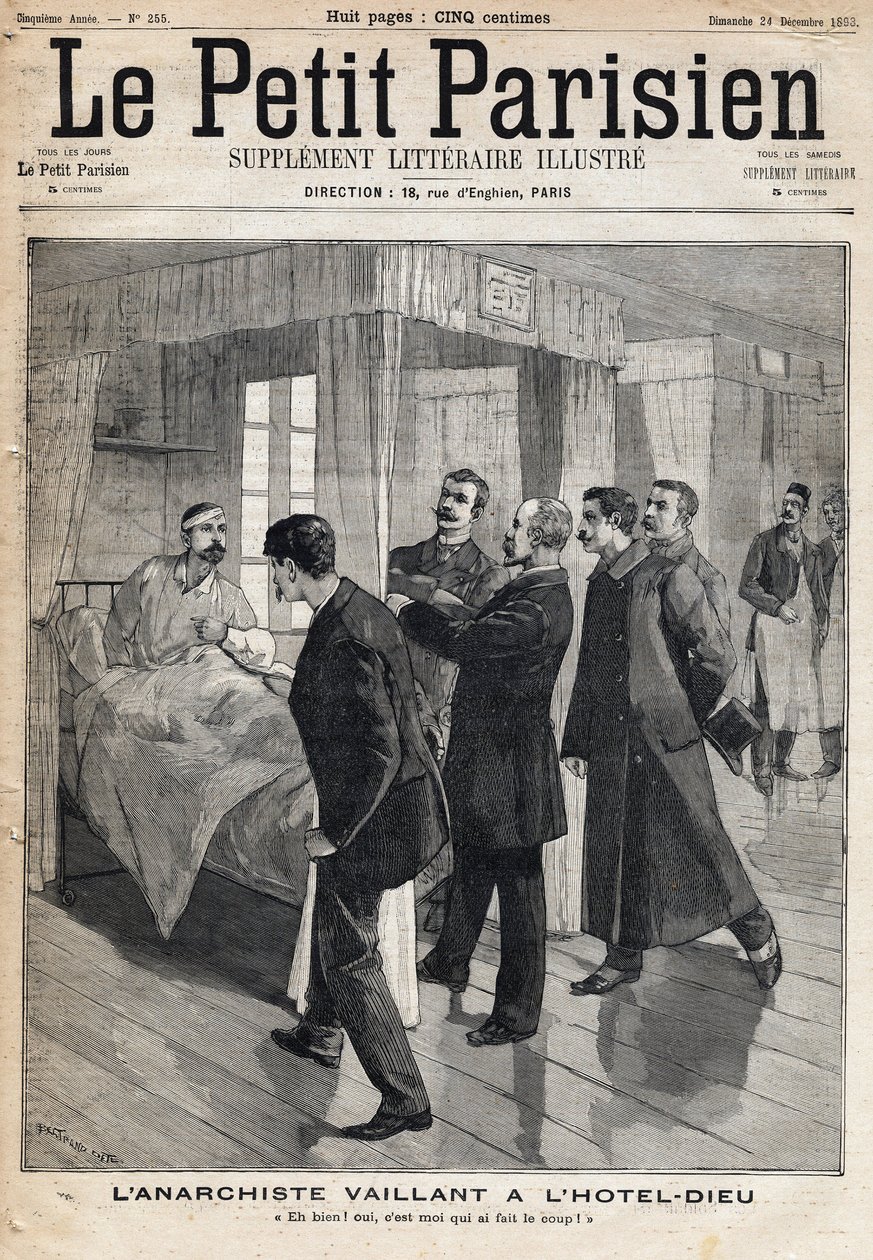 استجواب الأناركي أوغست فيلانت (1861-1894) في فندق ديو الذي اعترف بالهجوم الذي ارتكبه في 9 ديسمبر بواسطة المدرسة الفرنسية