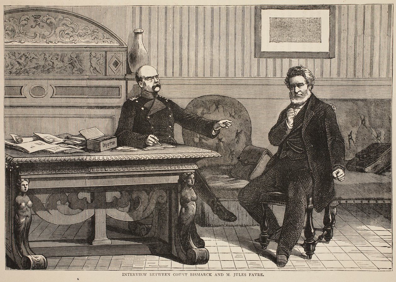 مقابلة بين الكونت بسمارك وم. جول فافر ، سبتمبر 1870 ، رسم توضيحي من كاسيلس تاريخ الحرب بين فرنسا وألمانيا ، 1870-1871 بواسطة المدرسة الفرنسية