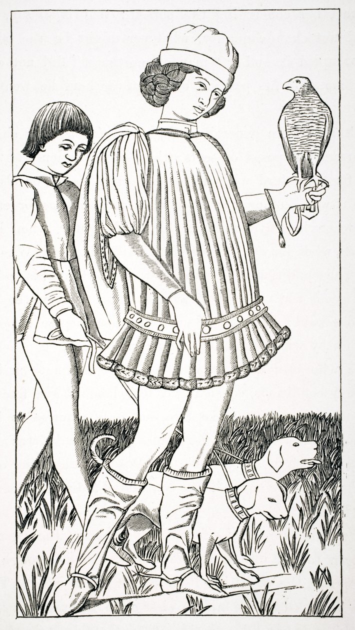 نبلمان إيطالي يحمل صقرًا ، بعد بطاقة لعب محفورة على النحاس ، c.1460 ، من "Le Moyen Age et La Renaissance" بقلم بول لاكروا (1806-1884) نشر عام 1847 بواسطة المدرسة الفرنسية