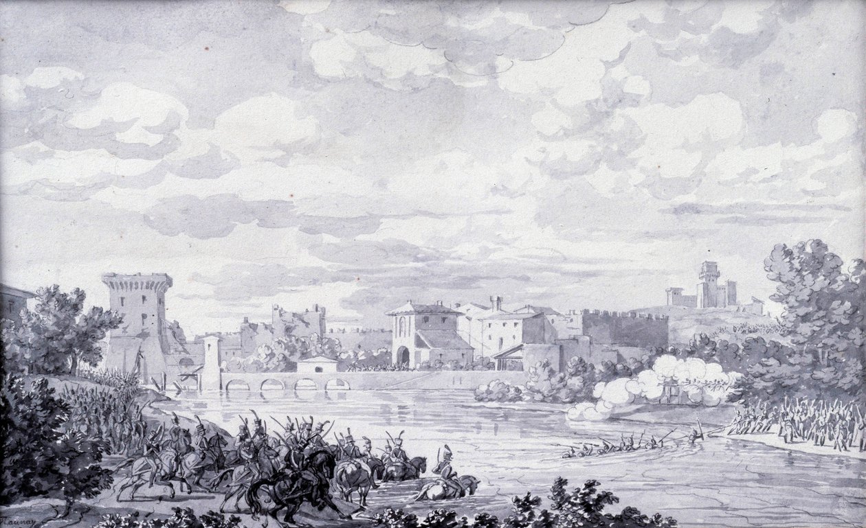 الريف الإيطالي: اجتاز الجيش الفرنسي نهر مينتشيو إلى بورغيتو عام 1796. رسم مجهول. باريس، متحف اللوفر بواسطة المدرسة الفرنسية