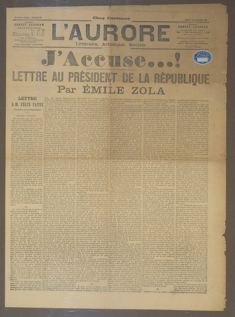 رسالة JAccuse من قبل إميل زولا (1840-1902) ، نُشرت في LAurore ، 13 يناير 1898 (طباعة) بواسطة المدرسة الفرنسية
