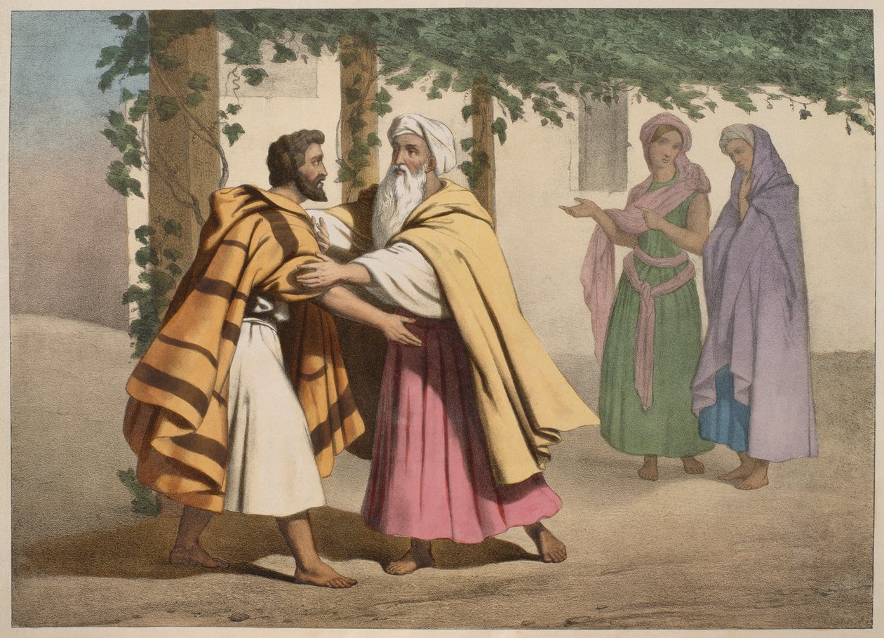 يعقوب مع لابان وبناته ، رسم توضيحي من التعليم المسيحي Listoire Sainte ، نشره Charles Delagrave ، باريس ، أواخر القرن التاسع عشر بواسطة المدرسة الفرنسية