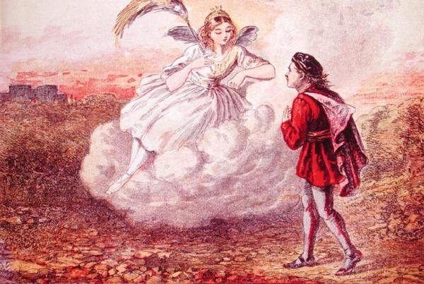 جاك والجنية ، رسم توضيحي لقصة "جاك وآخرون تروا رحلات" ، حوالي 1860 (نقش ملون) بواسطة المدرسة الفرنسية