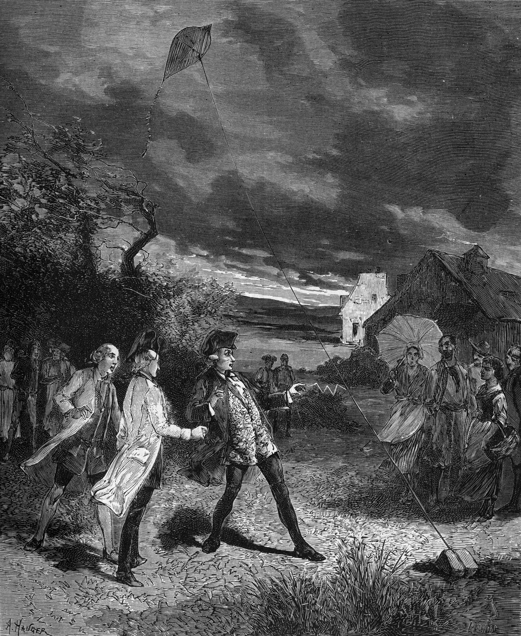 جاك دي روماس (1713-1776) ، عالم فيزياء فرنسي ، أجرى تجارب باستخدام طائرة ورقية لالتقاط كهرباء الغلاف الجوي عام 1752. بواسطة المدرسة الفرنسية