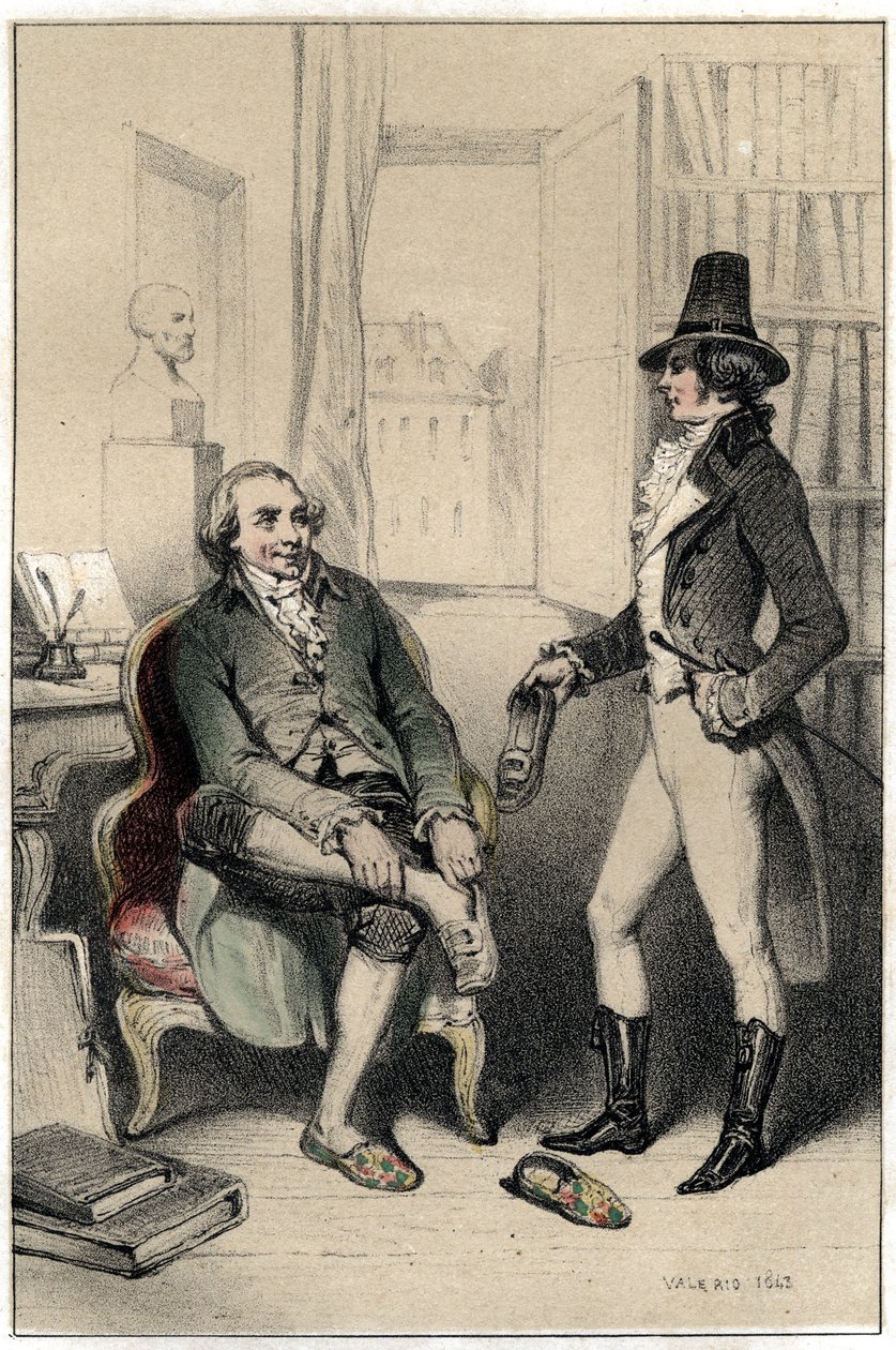 جاك ديت لاب دليلي (1738-1813) ، شاعر فرنسي ، يطلب من أحد أصدقائه إجبار قفل الخزانة ، أو تقفل زوجته حذائه لإبعاده عن العمل وإجباره على العمل. لوحة مأخوذة من نقش "" Scenes de la vie des hommes الشهيرة "" بواسطة المدرسة الفرنسية
