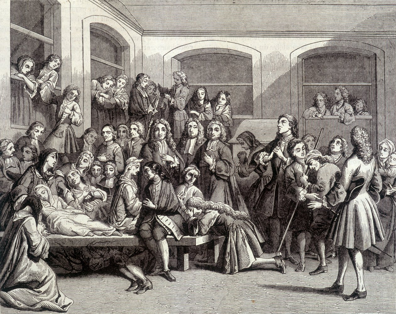 Jansenism: التشنجات في مقبرة Saint-Médard على قبر الشماس Parîs (1690 - 1727) حيث حدثت "المعجزات". طباعة القرن الثامن عشر. بواسطة المدرسة الفرنسية