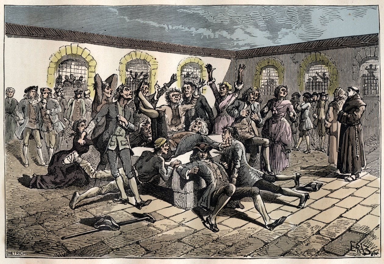 Jansenist convulsionary (أو Saint Medard) (أعمال التشنجات) في القرن الثامن عشر: "" يذهب المرضى والعجزة إلى مقبرة القديس ميدارد (حيث يقع قبر الشماس فرانسوا باريس) ليكونوا بأعجوبة جيريس "(ممارسات Convulsionnaire - يخدع بواسطة المدرسة الفرنسية