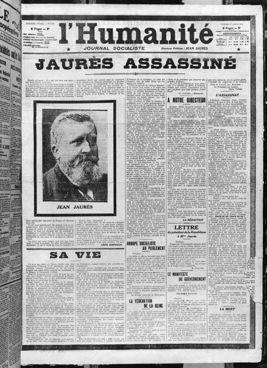 اغتيال جوريس ، من LHumanite ، 1 أغسطس 1914 (فوتوليثو) بواسطة المدرسة الفرنسية