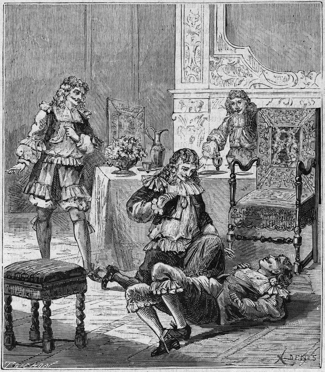 جان دي سانتويل (سانتيويل) (1630-1697) يسمم بكأس من النبيذ تم وضع التبغ من إسبانيا فيه - نقش في "العلوم المتاحة للجميع - الفيزياء والكيمياء" بواسطة Alexis Clerc - نهاية القرن التاسع عشر - مجموعة خاصة بواسطة المدرسة الفرنسية