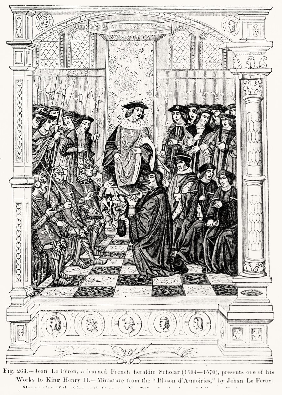 جان لو فيرون (1504-70) يقدم أحد أعماله للملك هنري الثاني (1519-1589) من Blason dArmoires لجان لو فيرون ، توضيح من العلوم والأدب في العصور الوسطى وعصر النهضة بواسطة المدرسة الفرنسية