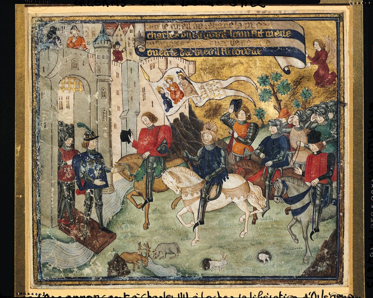 جان دارك (1412-31) الإعلان عن تحرير أورليانز إلى تشارلز السابع (1403-61) في Loches بواسطة المدرسة الفرنسية
