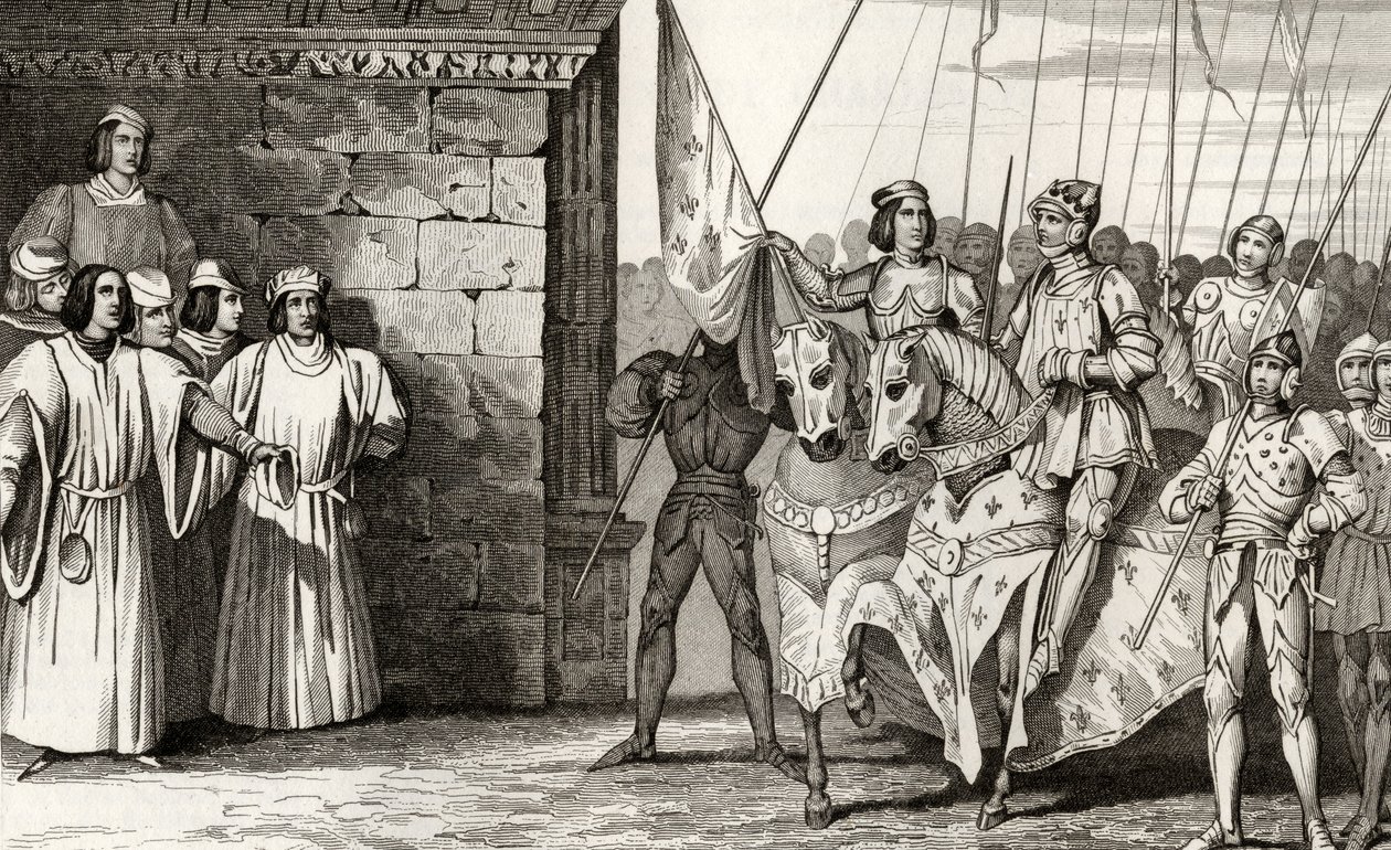 وصلت جان دارك (1412-31) إلى ريمس في عام 1429 لحضور تتويج تشارلز السابع (1403-61) من "هيستوار دي فرانس" بواسطة كولارت ، نُشر عام 1840 بواسطة المدرسة الفرنسية