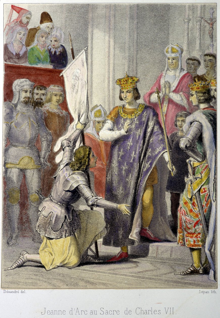Joan of Arc at the coronation of Charles VII - lithography بواسطة المدرسة الفرنسية
