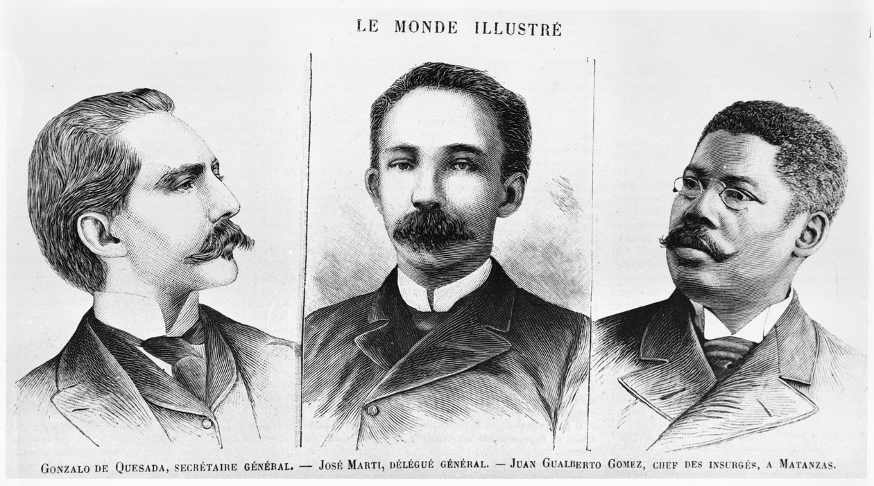 خوسيه مارتي (1853-1895) ، غونزالو دي كيساسا (1868-1915) ، خوان جوالبيرتو جوميز (1854-1933) ، رسم توضيحي من لو موند إيلوستري ، 16 مارس 1895 بواسطة المدرسة الفرنسية