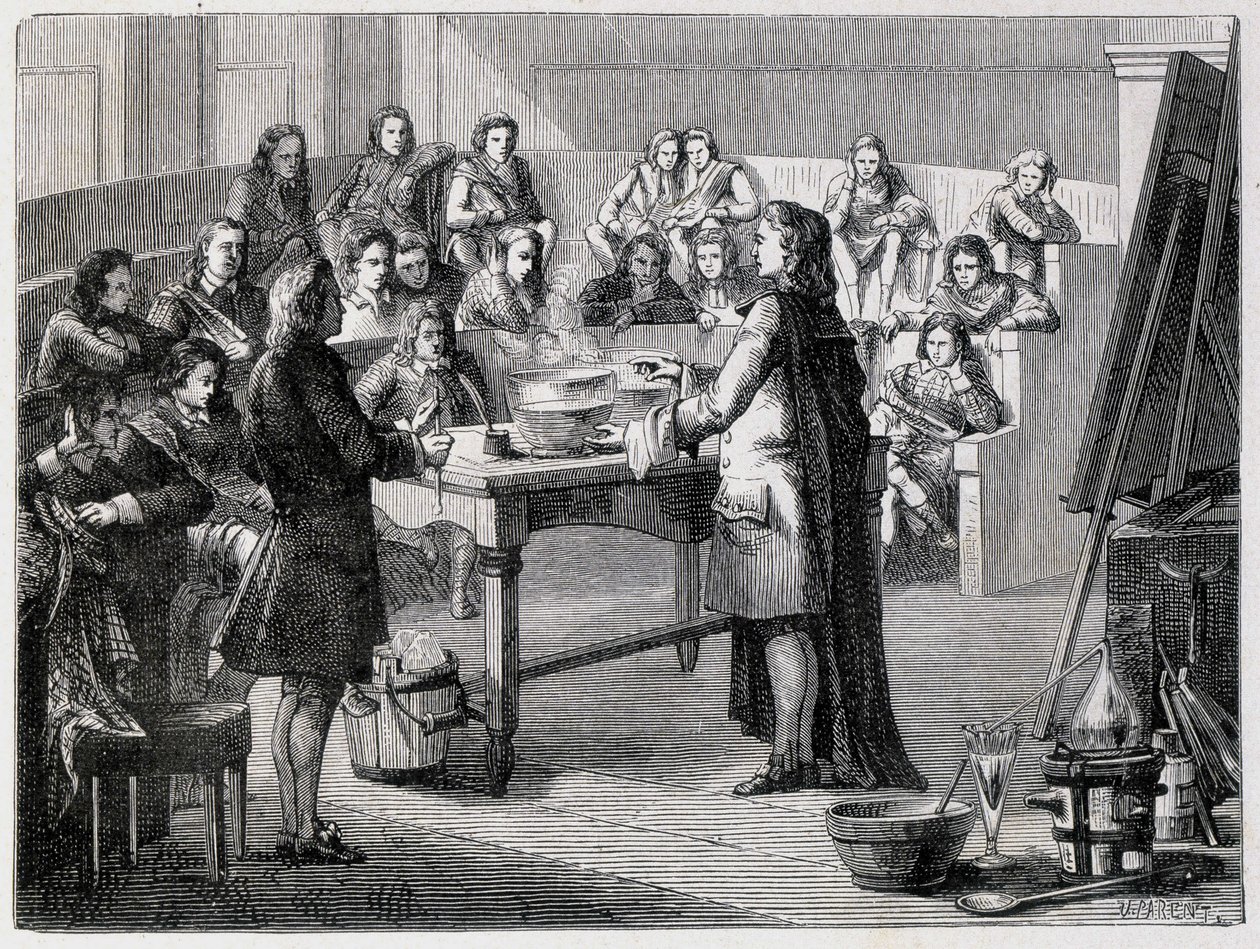 جوزيف بلاك (1728 - 1799) ، الكيميائي والفيزيائي البريطاني ، يختبر السعرات الحرارية الكامنة أمام طلاب جامعة جلاسكو بواسطة المدرسة الفرنسية