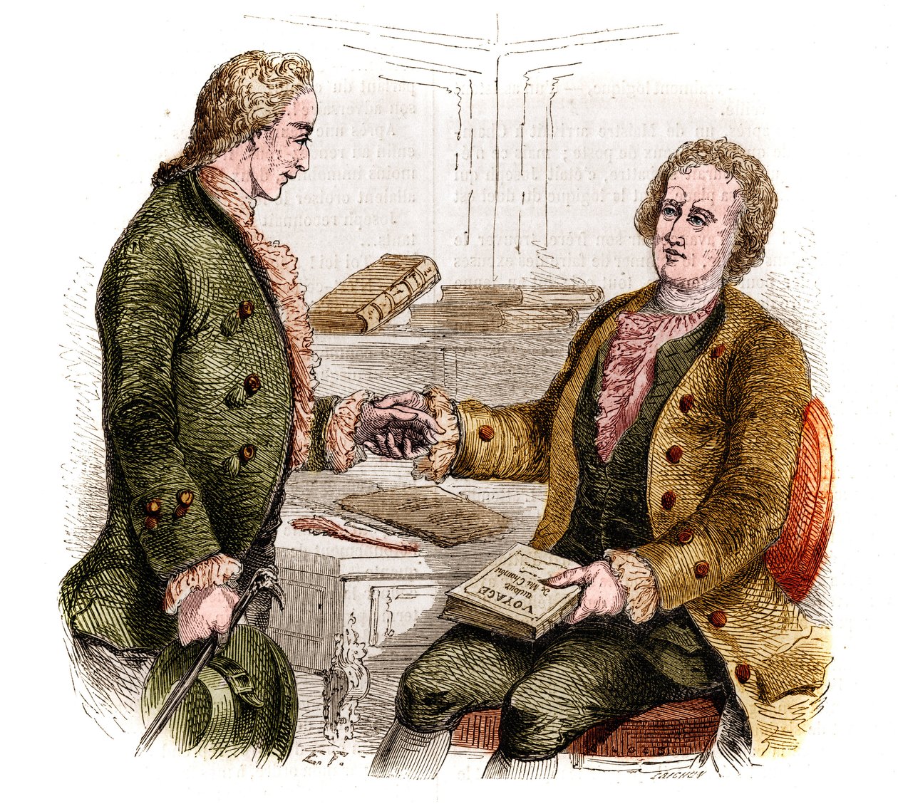جوزيف دي مايستر (1753-1821) ، سياسي وكاتب وفيلسوف فرنسي ، والكونت كزافييه دي مايستر (1763-1852) ، ضابط وكاتب فرنسي مع النسخة الأولى من "رحلة حول غرفتي". رسم الغابة. نقش من 1852. بواسطة المدرسة الفرنسية