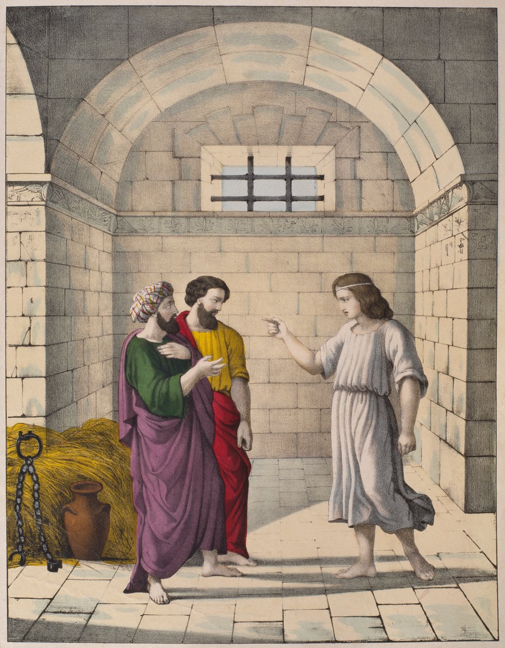 جوزيف في السجن يشرح أحلام كبير الخبازين وكبير الخدم ، رسم توضيحي من التعليم المسيحي LHistoire Sainte ، نشره Charles Delagrave ، باريس ، أواخر القرن التاسع عشر بواسطة المدرسة الفرنسية