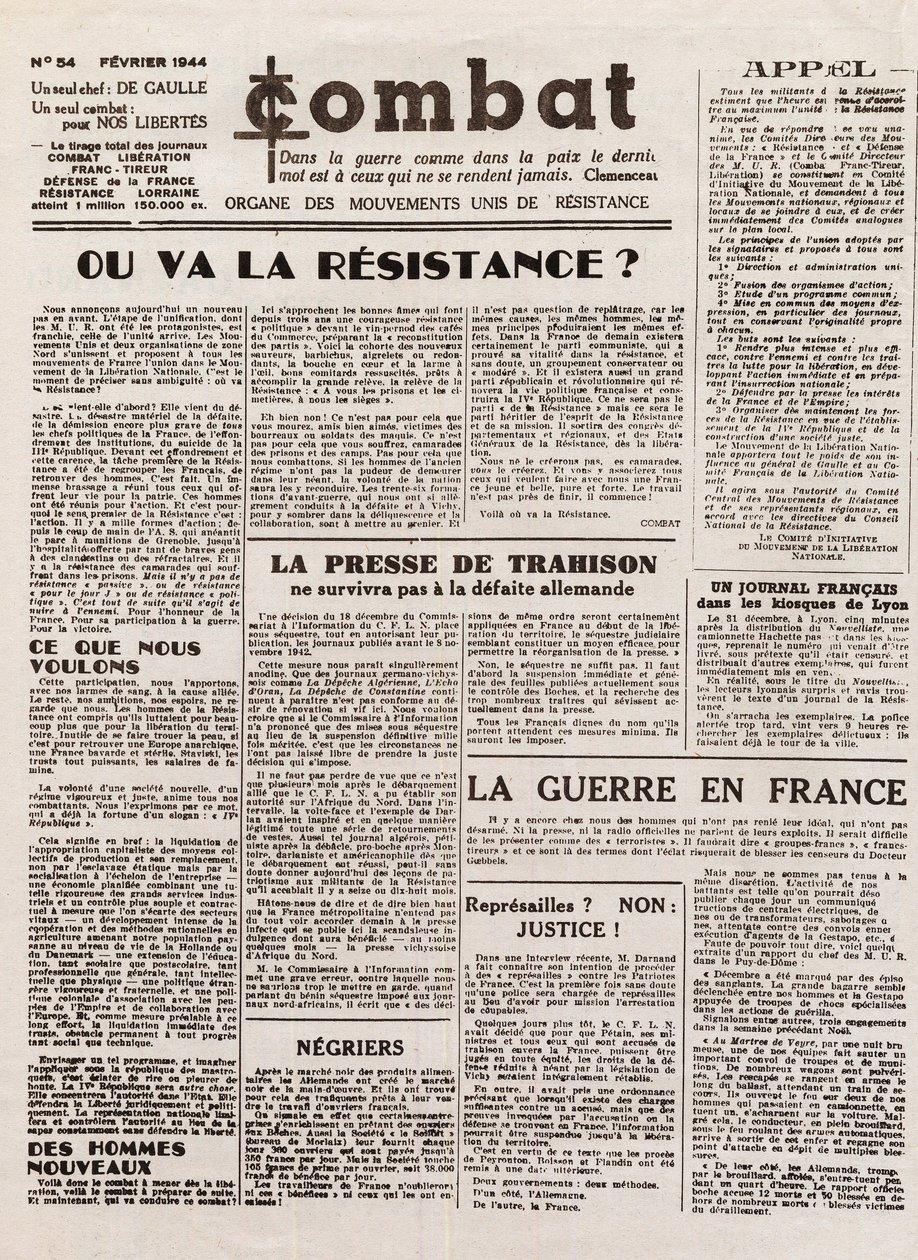 مجلة COMBAT - العدد 54 - فبراير 1944 - عضو حركات المقاومة الموحدة. (جريدة سرية) - الى اين تذهب المقاومة بواسطة المدرسة الفرنسية