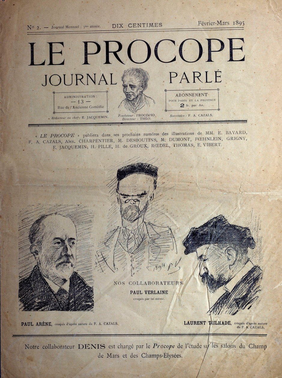 جورنال دو برووب ، مقهى باريسي ، فبراير 1895: صور لشعراء فرنسيين بول فيرلين ، بول أرين ولوران تيلهايد. بواسطة المدرسة الفرنسية