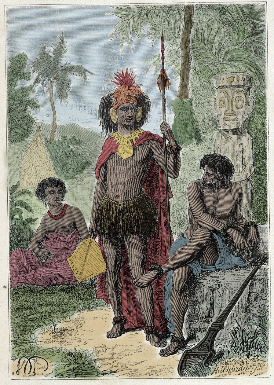 رحلة الكابتن جيمس كوك (1728-1779): سكان جزر ماركيساس - رسم توضيحي مأخوذ من "البحارة العظماء في القرن الثامن عشر" بواسطة المدرسة الفرنسية