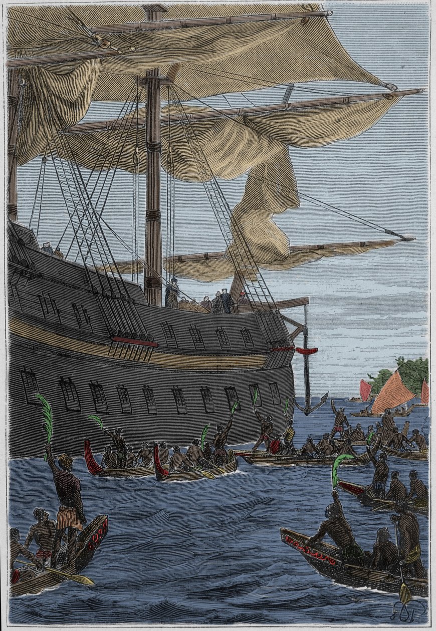 رحلة صموئيل واليس (1728-1795) إلى بولينيزيا: السكان الأصليون يحملون أغصان الموز كتحية ترحيب - رسم توضيحي مأخوذ من "البحارة العظماء في القرن الثامن عشر" بواسطة المدرسة الفرنسية